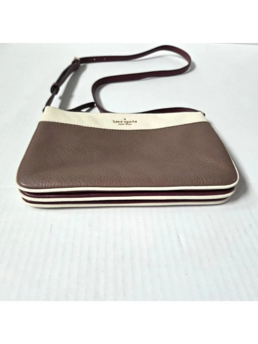 Kate Spade Purse Jackson Triple Gusset Neutral Cream Brown Leather Crossbody Bag